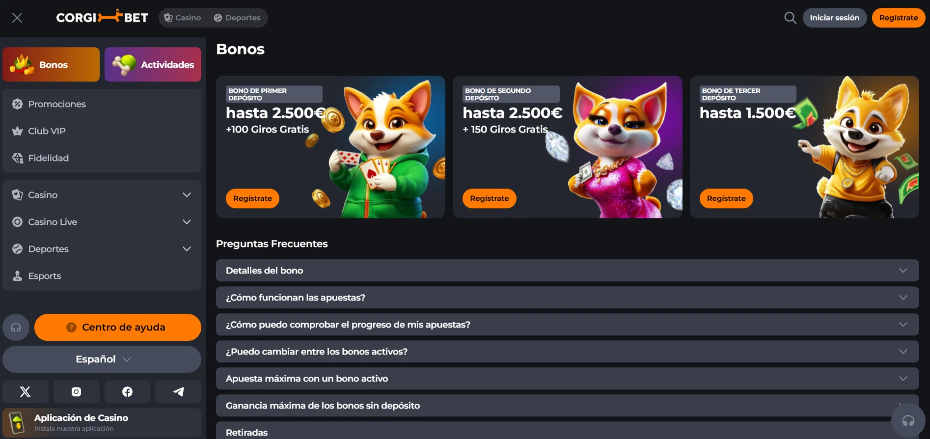 Bloque oficial de promociones de Corgibet con el bono de bienvenida y promociones vigentes
