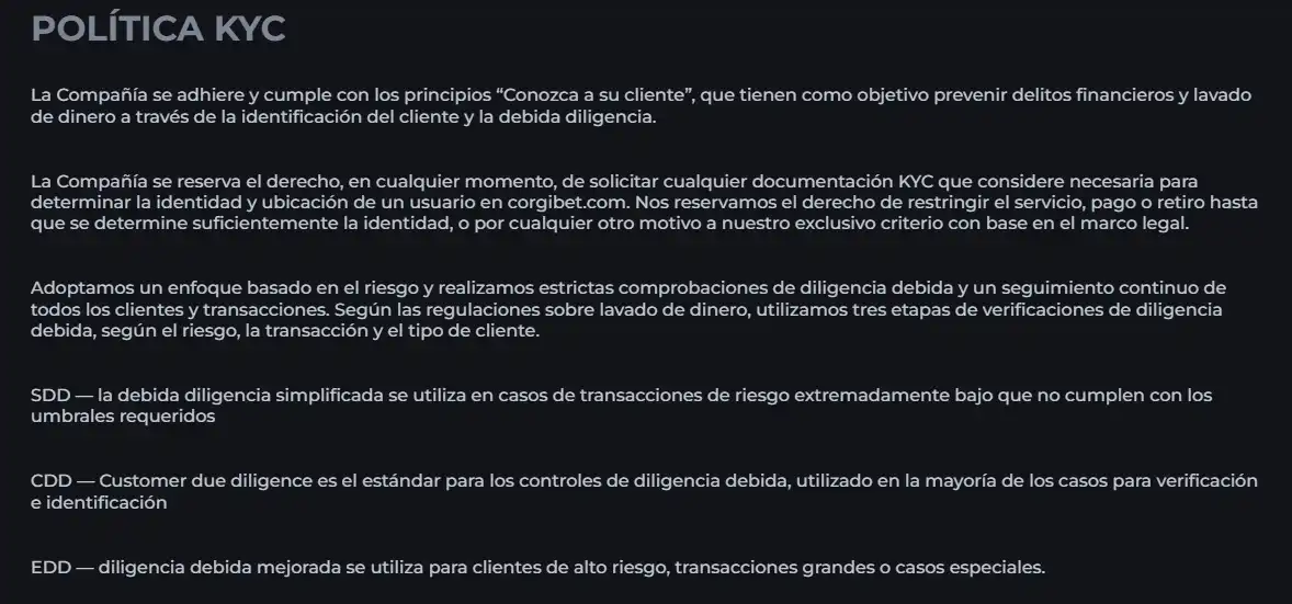 Política KYC de Corgibet con las categorías documentales de verificación