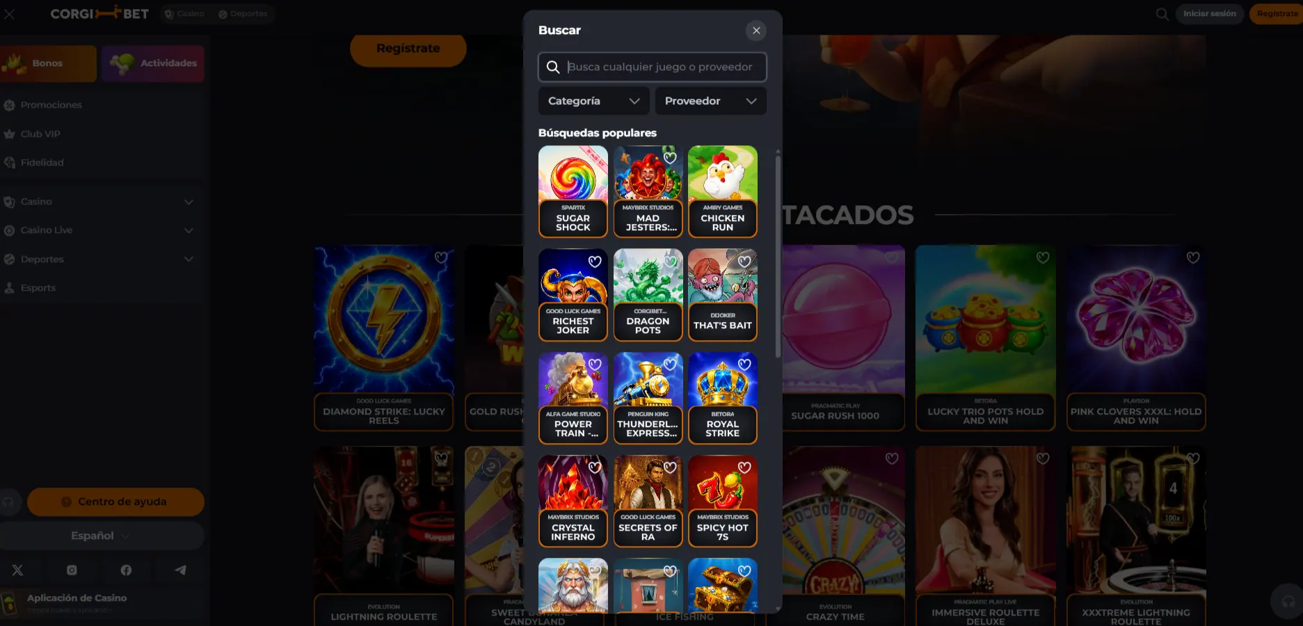 Lobby oficial de Corgibet con juegos destacados, categorías y filtros de búsqueda