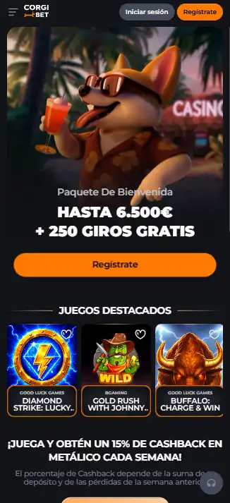 Corgibet en un viewport móvil con la navegación y el acceso al casino