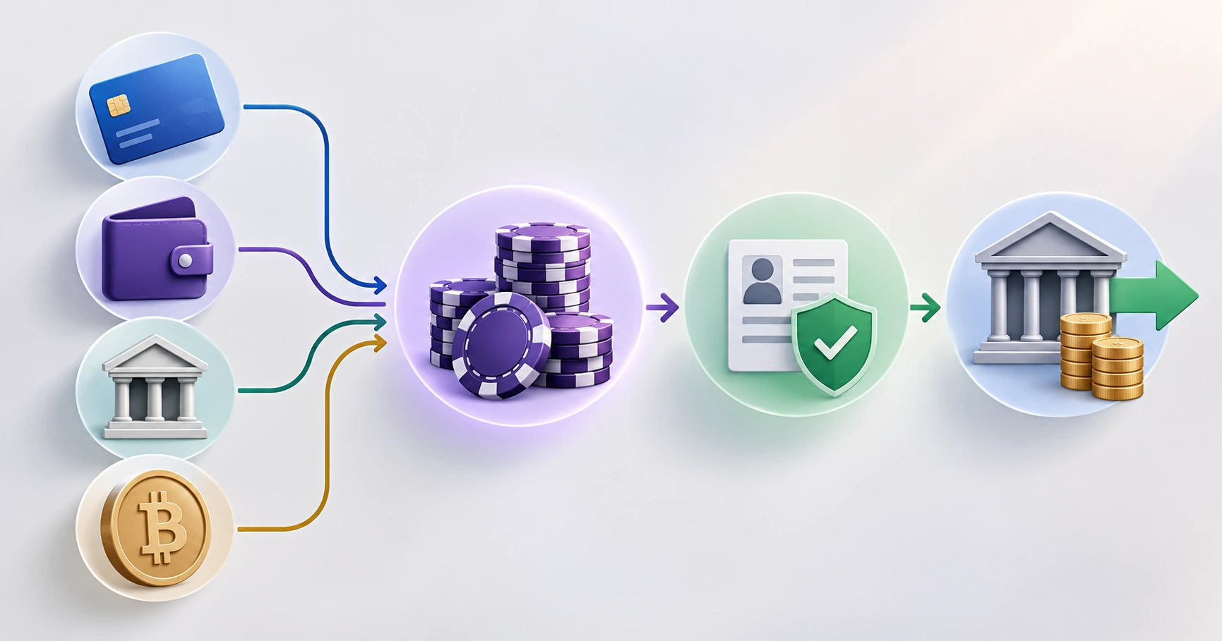 Flujo de depósito, juego, verificación y retirada con tarjeta, monedero, banco y cripto