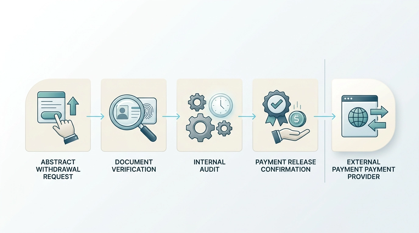 Flujo de una retirada con solicitud, verificación KYC, revisión interna, liberación y proveedor de pago