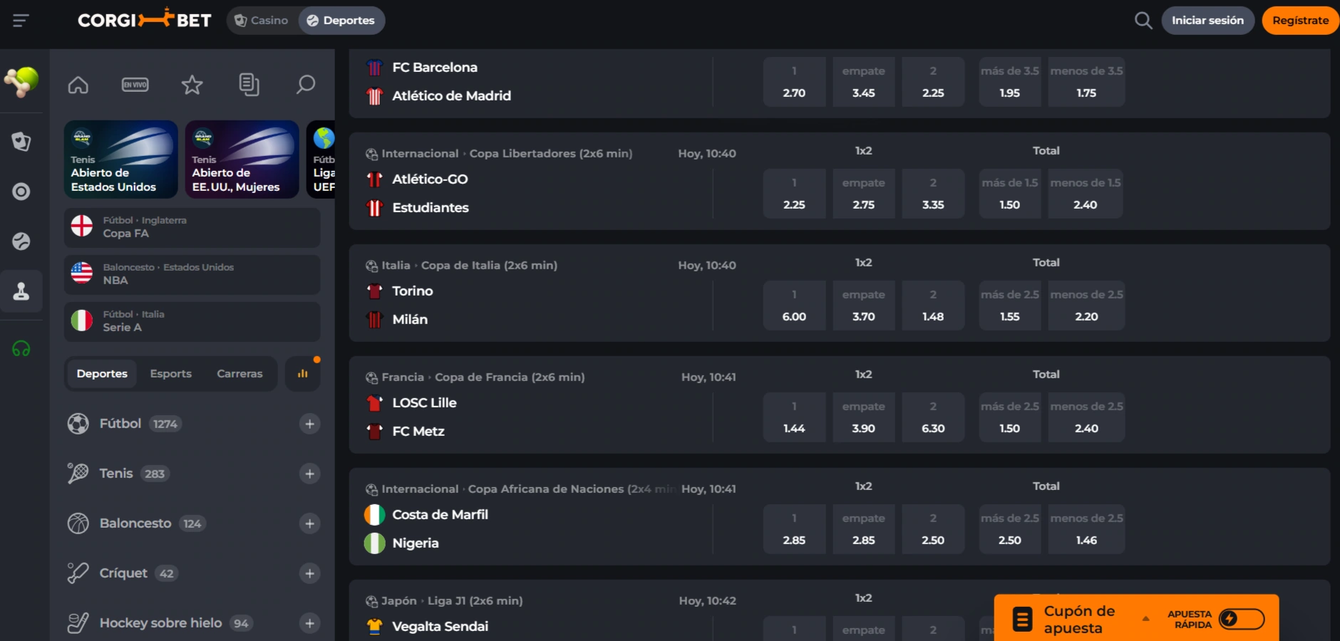 Sportsbook de Corgibet con navegación y mercados deportivos visibles