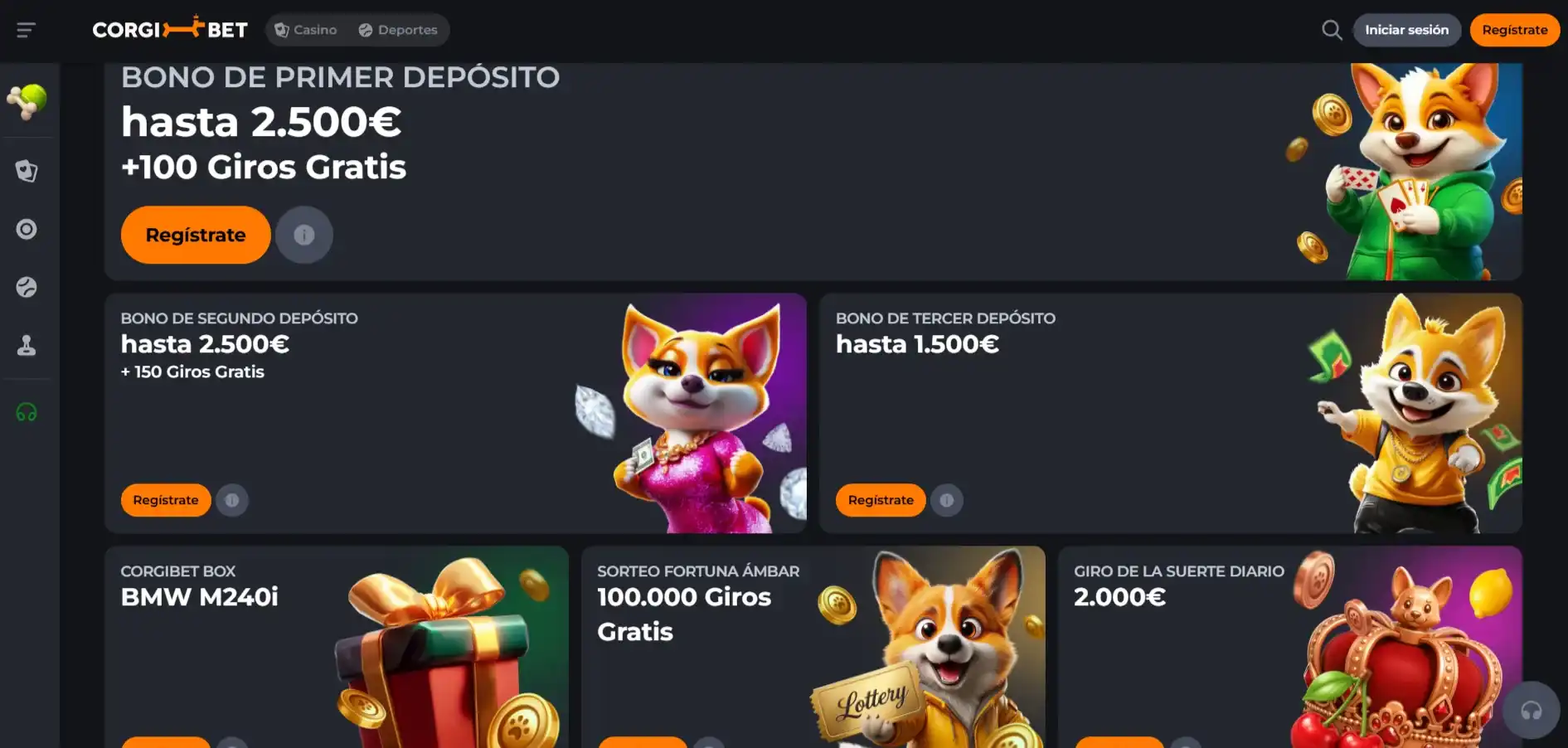 Sección oficial de promociones de Corgibet con la oferta de bienvenida vigente